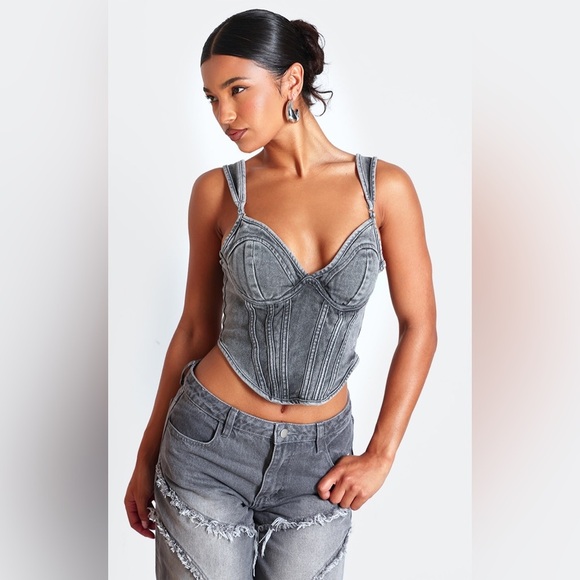 NWT PLT Washed Grey Dip Hem Bust Cup Denim Corset Top size US6 Grunge V Neck Low - Picture 1 of 8